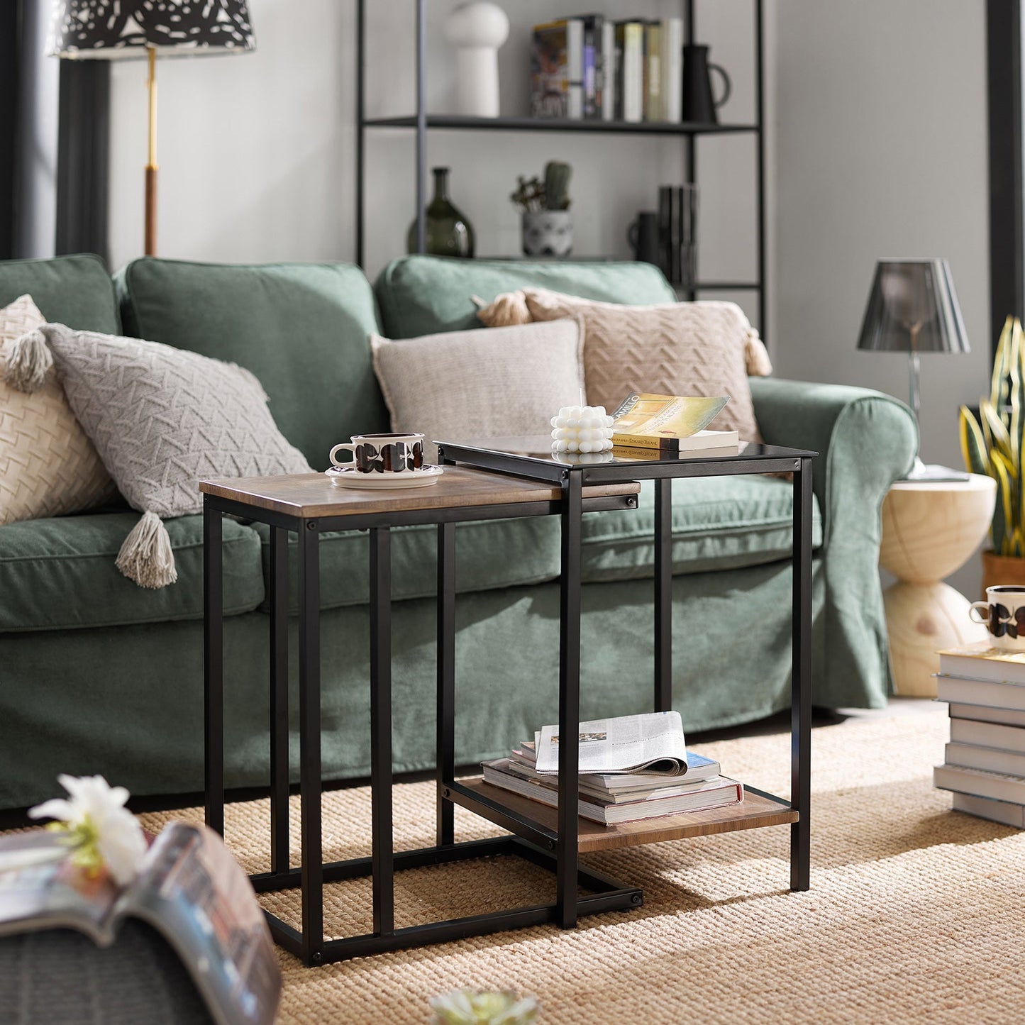 SoBuy ネストテーブル サイドテーブル ナイトテーブル 2個セット 幅40/50cm コの字型 木目調 ガラス センターテーブル ミニテーブル ローテーブル ベッドサイドテーブル ソファサイドテーブル (FBT99-F)