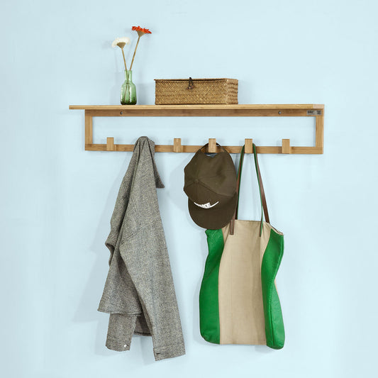 SoBuy ウォールシェルフ ウォールハンガー 壁掛け フック【竹製 幅90 飾り棚、壁掛けラック、おしゃれ 収納 整理整頓 帽子掛け 洋服掛け コート掛け、玄関/浴室/キッチン/オフィス】コートハンガー/ハンガーフック(FHK06-N)