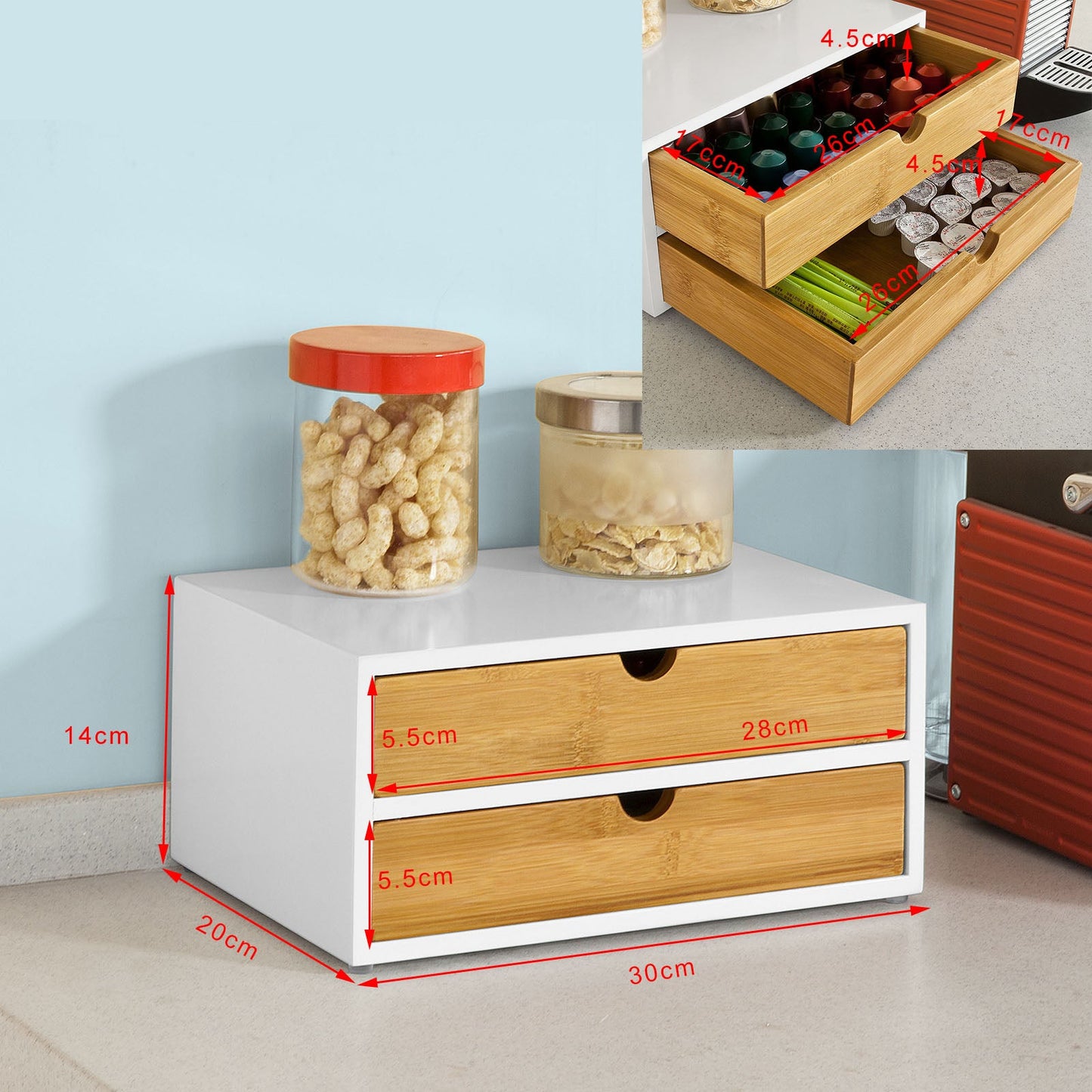 SoBuy 文房具 収納 カトラリーケース ボックス 引き出し 収納 小物入れ 卓上収納 電話台 2段式 竹製 北欧 ホワイト おしゃれ カプセルホルダー ケース (FRG180-WN)