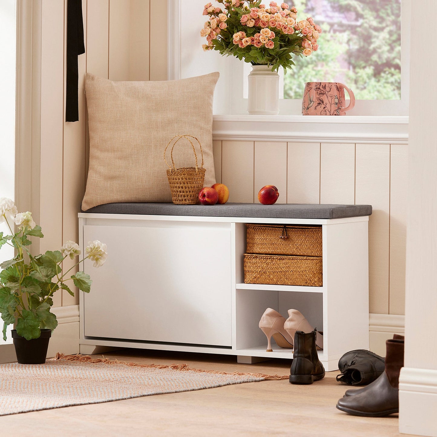 SoBuy 玄関ベンチ 靴箱 下駄箱 シューズボックス スリム 薄型 幅90x奥行24x高さ46cm 省スペース 収納ベンチ 靴棚 シューズラック 靴 収納 玄関椅子 スツール(FSR119-W)