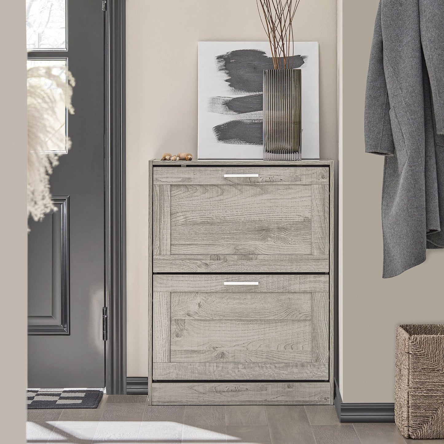 SoBuy シューズボックス 薄型 下駄箱 靴箱 スリム おしゃれ 幅60x奥行23x高さ79cm フラップ扉 木製 シューズラック 玄関ベンチ 靴 収納 靴棚 玄関収納 コンソールテーブル(FSR137-HG)