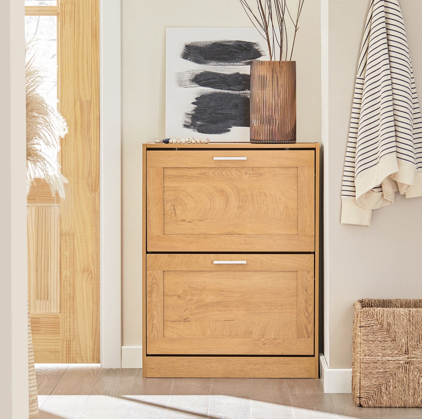 SoBuy シューズボックス 薄型 下駄箱 スリム 靴箱 おしゃれ 幅60x奥行23x高さ79cm フラップ扉 木製 シューズラック 玄関ベンチ 靴収納 靴棚 玄関収納 コンソールテーブル(FSR137-N)