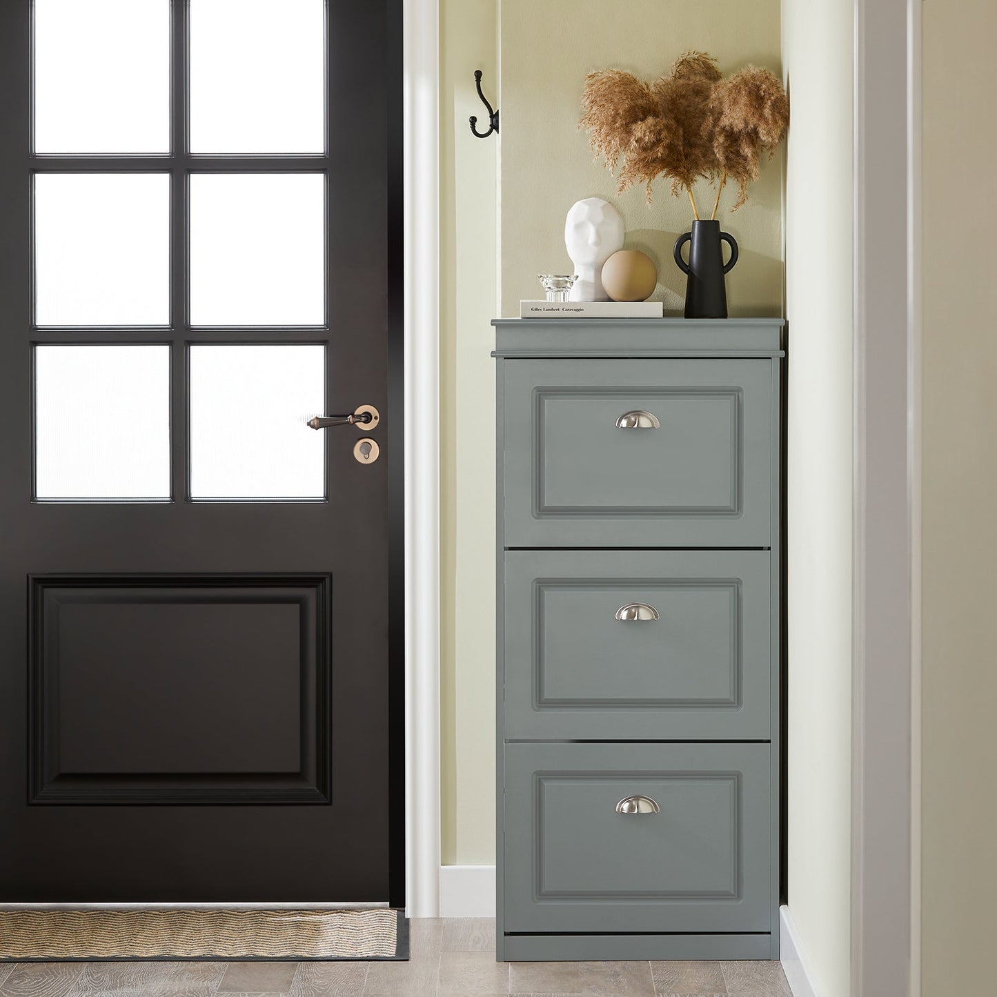 SoBuy シューズボックス 薄型 フラップ 下駄箱 スリム シューズラック 幅53x奥行24x高さ117cm 靴箱 靴 収納 玄関ベンチ 玄関収納(FSR94-HG/グレー)