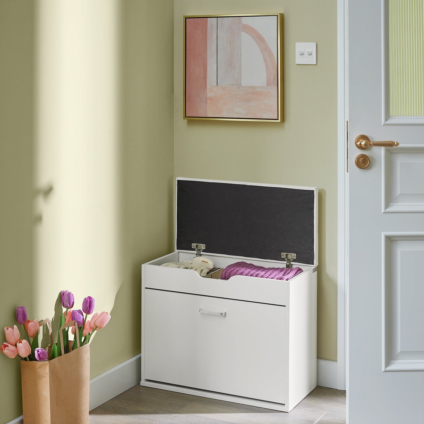 SoBuy 玄関ベンチ シューズラック 収納ツール 下駄箱 ホワイト 靴箱 スリム 薄型 幅60×奥行30×高さ49cm 玄関椅子 靴収納 省スペース おしゃれ 収納ベンチ シューズボックス 玄関収納(FSR95-W)